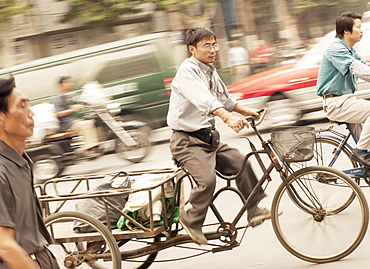 Busy street scene, showing the traditional and the new, Shanghai, China, Asia