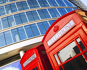 Traditional red telephone boxes, London, England, United Kingdom, Europe