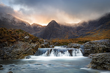 The Black Cuillin mountains in Glen Brittle from the Fairy Pools, Isle of Skye, Inner Hebrides, Scotland, United Kingdom, Europe