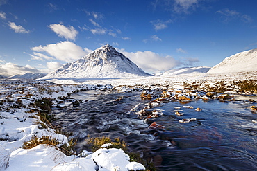 A wintery scene at Buachaille Etive Mor and River Coupall, Glencoe, Highlands, Scotland, United Kingdom, Europe