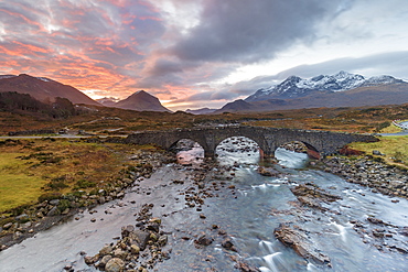 Sgurr nan Gillean in the Cuillin mountains from Sligachan Bridge, Isle of Skye, Inner Hebrides, Scotland, United Kingdom, Europe