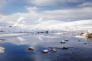 A wintery scene of Black Mount from Lochan na h-achlaise on Rannoch Moor, Highlands, Scotland, United Kingdom, Europe