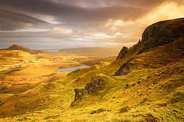 The Trotternish Range towards Staffin from the Quiraing on the Isle of Skye, Inner Hebrides, Scotland, United Kingdom, Europe