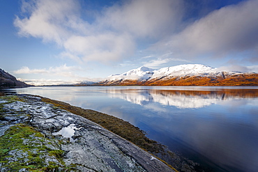 Wintery scene of Loch Linnhe, near Fort William, in calm weather with reflections, Highlands, Scotland, United Kingdom, Europe