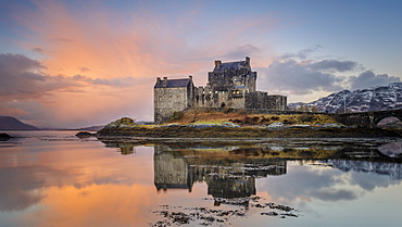 Dawn at Eilean Donan Castle (Eilean Donnan) on Loch Duich, Dornie, Kyle of Lochalsh, Scottish Highlands, United Kingdom, Europe