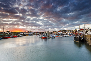 Sailing boats at sunset in the harbour at Anstruther, Fife, East Neuk, Scotland, United Kingdom, Europe