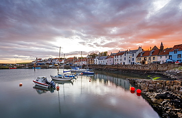 Sailing boats at sunset in the harbour at St. Monans, Fife, East Neuk, Scotland, United Kingdom, Europe