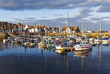 Sailing boats at sunset in the harbour at Anstruther, Fife, East Neuk, Scotland, United Kingdom, Europe