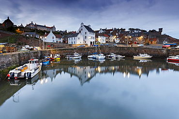 Fishing boats in the harbour at Crail at dusk, East Neuk, Fife, Scotland, United Kingdom, Europe