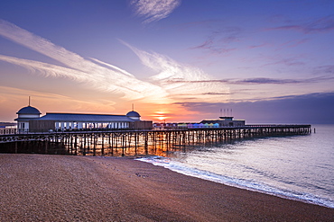 The pier at Hastings at sunrise, Hastings, East Sussex, England, United Kingdom, Europe