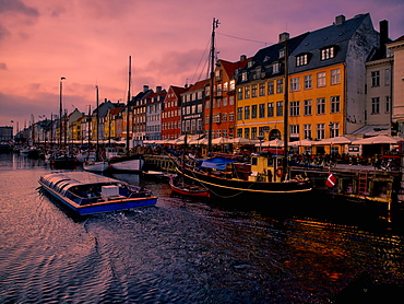 Sunset at Nyhavn, Copenhagen, Denmark, Scandinavia, Europe