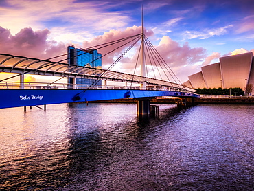 A stunning sunset over Bells Bridge, Glasgow, Scotland, United Kingdom, Europe