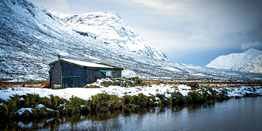 Winter shack, Glencoe, Highland Region, Scotland, United Kingdom, Europe