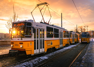 Budapest tram at sunrise, Budapest, Hungary, Europe