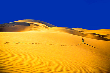 Woman walking away on sand dune, Huacachina Oasis, Peru, South America