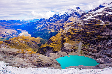 Aerial view of Glacier Lakes on Fox Glacier, South Island, New Zealand, Pacific