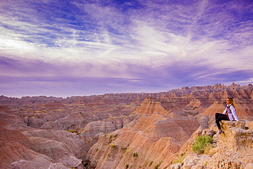 Laura Grier at sunrise at The Badlands, Black Hills, South Dakota, United States of America, North America