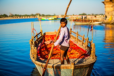 Indian boy gondolier, Flower Holi Festival, Vrindavan, Uttar Pradesh, India, Asia