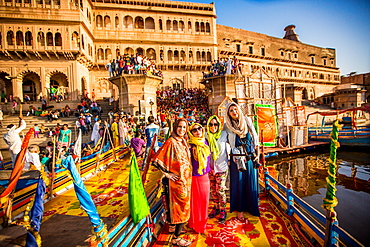 Travelers participating in the Flower Holi Festival, Vrindavan, Uttar Pradesh, India, Asia