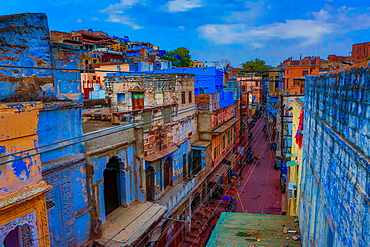 The blue rooftops in Jodhpur, the Blue City, Rajasthan, India, Asia