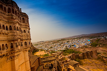 The view from the main courtyard of Mehrangarh Fort towering over the blue rooftops in Jodhpur, the Blue City, Rajasthan, India, Asia