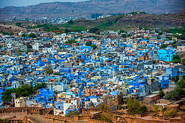 The view from Mehrangarh Fort of the blue rooftops in Jodhpur, the Blue City, Rajasthan, India, Asia