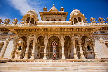 Woman standing in the main entrance to Jaswant Thada Tomb, Jodhpur, The Blue City, Rajasthan, India, Asia