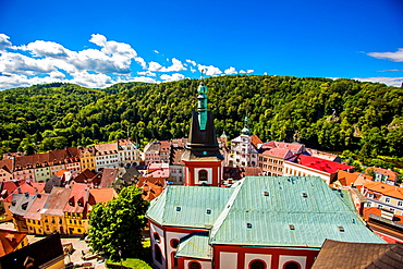 View from atop Loket Castle in the village of Loket in Karlovy Vary, Bohemia, Czech Republic, Europe