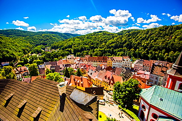 View from atop Loket Castle in the village of Loket in Karlovy Vary, Bohemia, Czech Republic, Europe