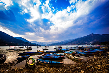 Boats docked on a lake at sunset in Pokhara, Nepal, Asia