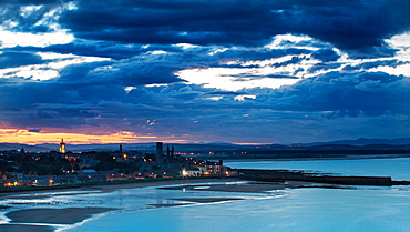 Looking across St. Andrews Bay and beyond to Perthshire at twilight, Fife, Scotland, United Kingdom, Europe