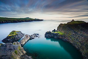 Looking along the Pembrokeshire coast headland above the Abereiddy Blue Lagoon, a former slate quarry, Wales, United Kingdom, Europe