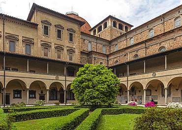 The formal cloister garden with clipped box hedges of the San Lorenzo church, Florence, Tuscany, Italy, Europe