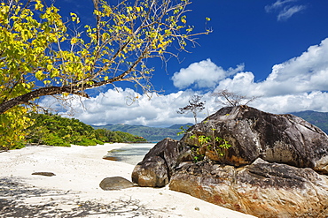 Looking along the deserted beaches of Sainte Anne to the island of Mahe beyond, Seychelles, Indian Ocean, Africa