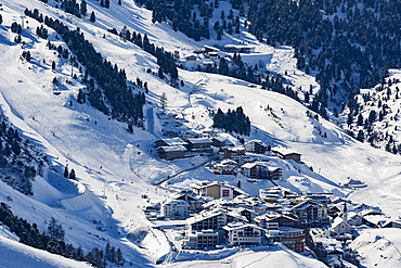 The Austrian skiing village of Obergurgl covered in winter snow at the end of the Otztal valley, Tyrol, Austria, Europe