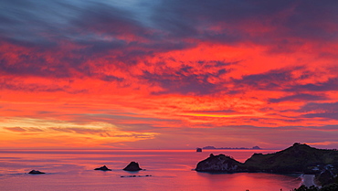 Looking south-east from New Zealand's Coromandel Peninsula to the Alderman Islands at dawn, Waikato, North Island, New Zealand, Pacific