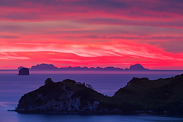 The sky appears on fire as dawn light seeps through the clouds beyond the Alderman Island and Coromandel Peninsula, Waikato, North Island, New Zealand, Pacific