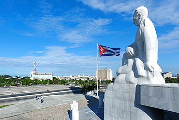 A statue of Jose Marti looks down onto the Plaza de la Revolucion in the Vedado area of Havana, Cuba, West Indies, Caribbean, Central America