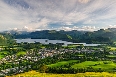 Keswick, Derwent Water and the surrounding fells of Lake District National Park on a summer afternoon, Cumbria, England, United Kingdom, Europe