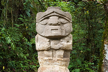 An ancient pre-Columbian stone carving at San Agustin, UNESCO World Heritage Site, in the south of Colombia, South America