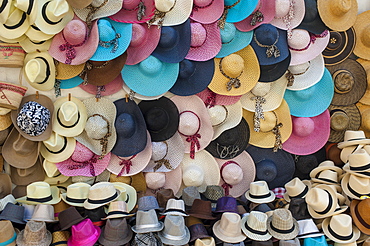 Traditional Panama hats and Sombreros for sale at a street market in Cartagena, Colombia, South America