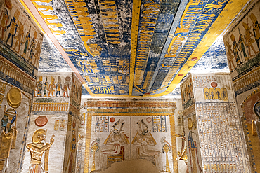 Colorful hieroglyphics and mural paintings in Egyptian Pharaoh Ramses burial chamber in tomb in The Vallery of the Kings, Thebes, UNESCO World Heritage Site, Egypt, North Africa, Africa