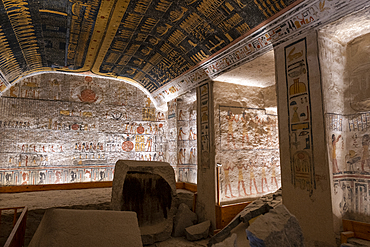 Colorful hieroglyphics and mural paintings in Egyptian Pharaoh Ramses burial chamber in tomb in The Vallery of the Kings, Thebes, UNESCO World Heritage Site, Egypt, North Africa, Africa