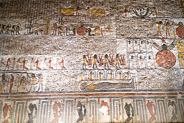 Colorful hieroglyphics and mural paintings in Egyptian Pharaoh Ramses burial chamber in tomb in The Vallery of the Kings, Thebes, UNESCO World Heritage Site, Egypt, North Africa, Africa