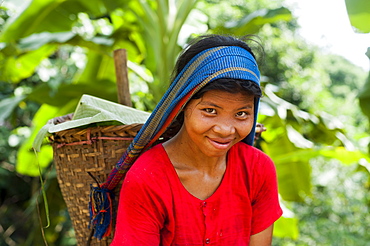 A Chakma girl in the Rangamati area in Bangladesh collects banana flowers which will be used to make curry, Bangladesh, Asia