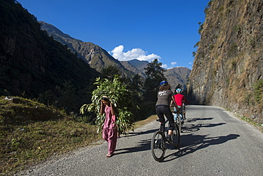 Mountain biking near the Tibetan border, Nepal, Asia