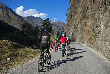 Mountain biking near the Tibetan border, Nepal, Asia