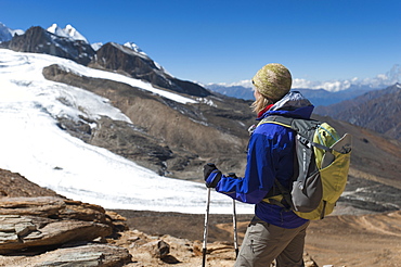 Admiring the view from the top of the Kagmara La, the highest point in the Kagmara Valley at 5115m in Dolpa, Himalayas, Nepal, Asia