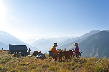 Breakfast in the Juphal valley in the remote Dolpa region, Himalayas, Nepal, Asia