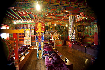 Inside the Buddhist monastery at Tengboche in the Everest region, Khumbu, Nepal, Asia